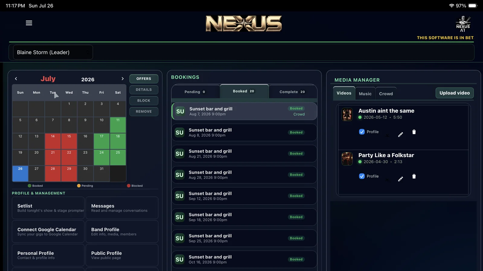 NEXUS venue dashboard with booking calendar, active deals, and available artists