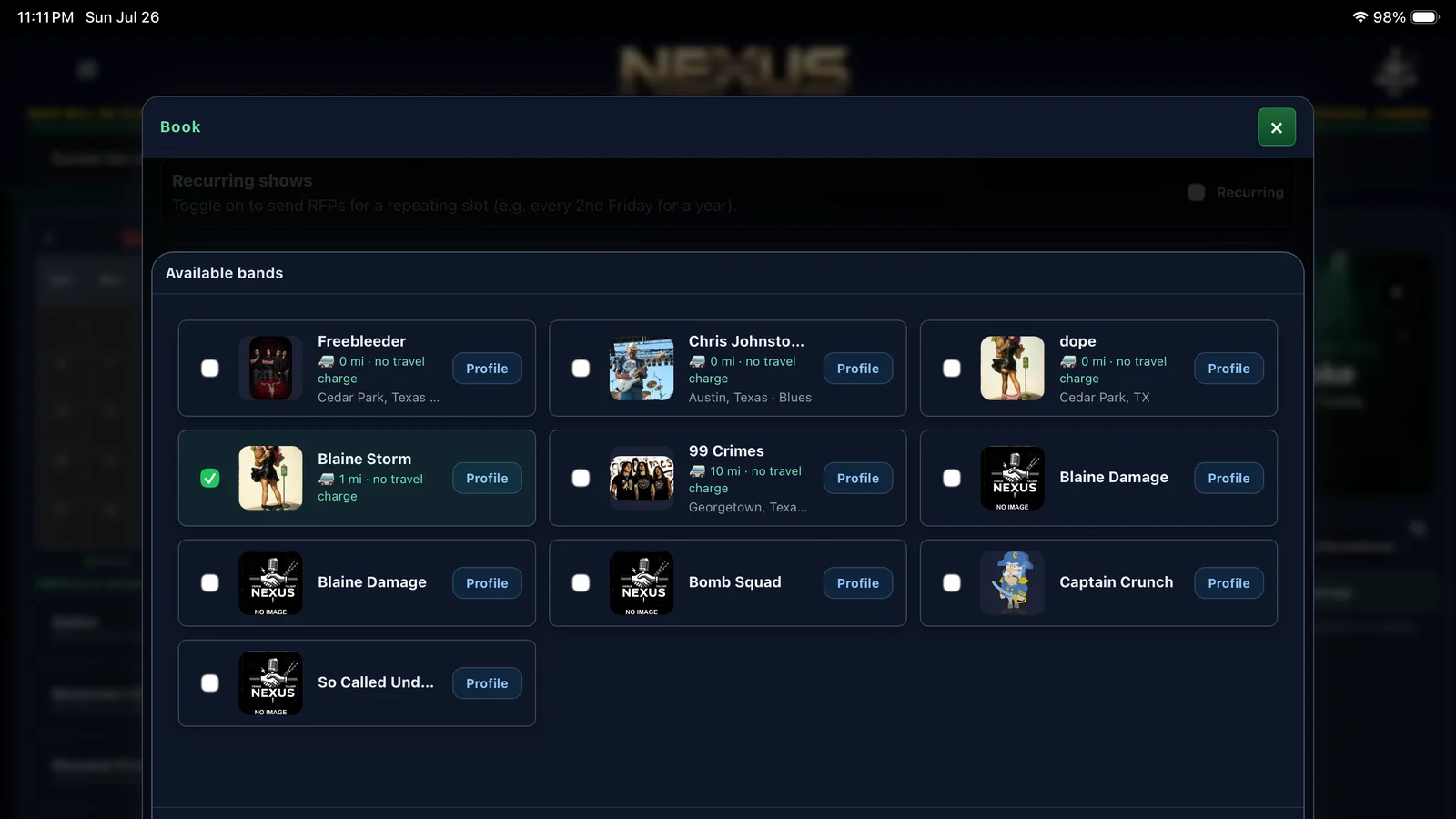 NEXUS offer builder showing available artists and offer details
