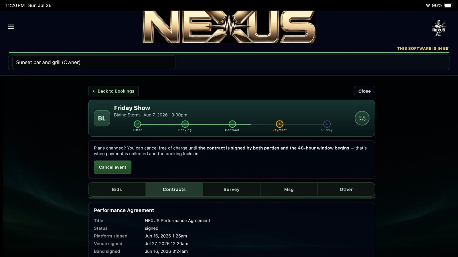 NEXUS Deal Room showing a confirmed performance workflow