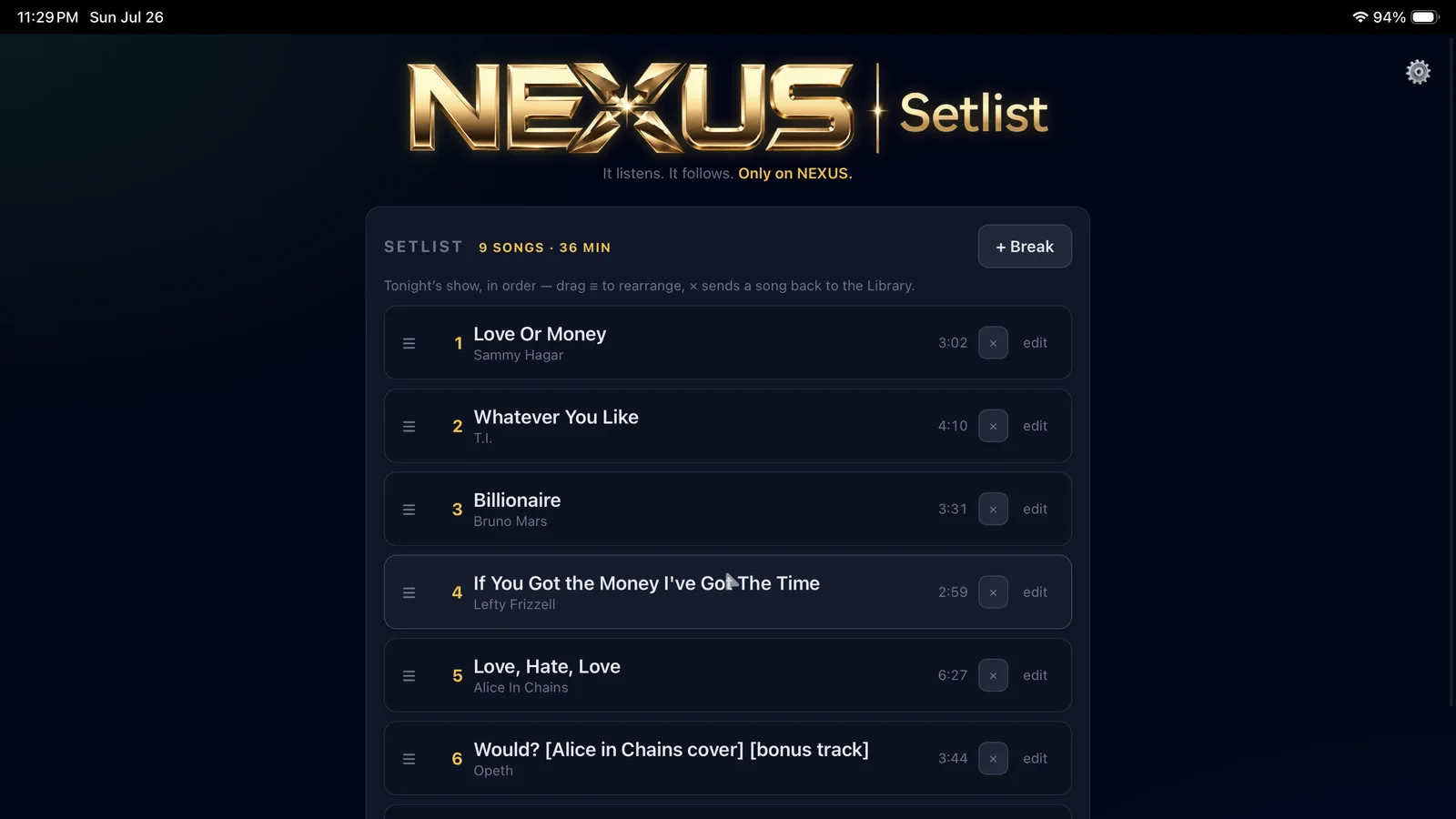 NEXUS Setlist showing a performance set and song controls