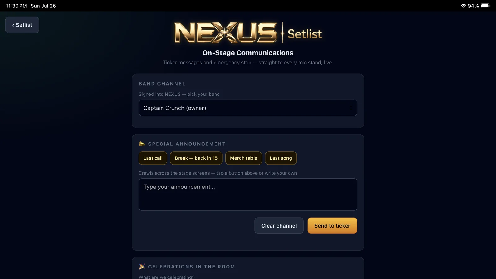 NEXUS Setlist front-of-house communication panel