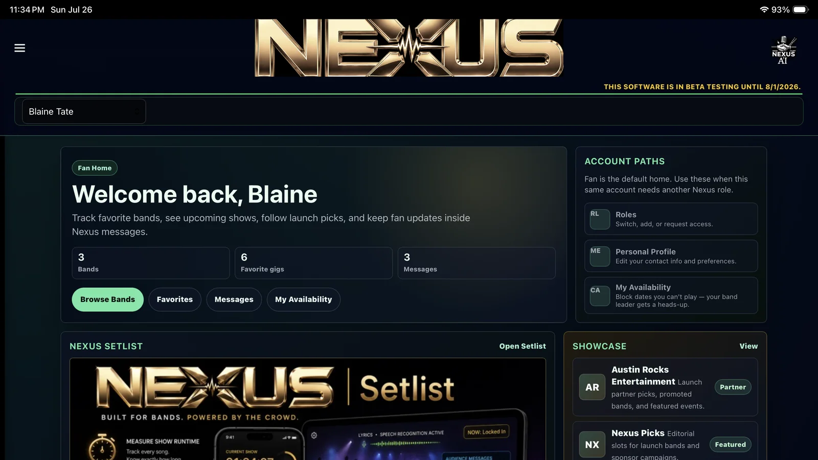 NEXUS fan dashboard with artist discovery and Setlist access